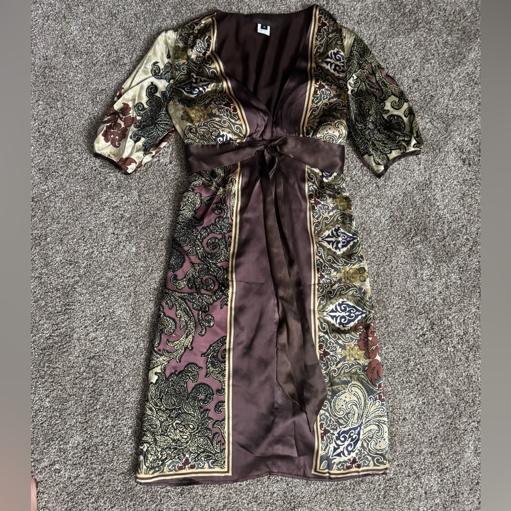 Women’s Brown Paisley 100% Silk Midi Wrap Dress